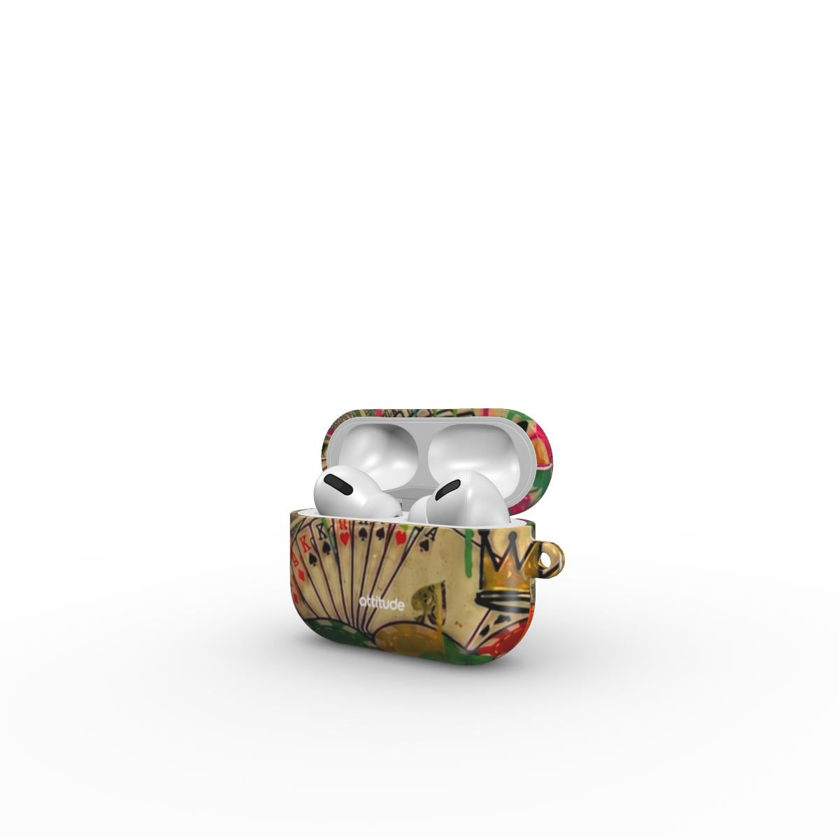 A decorative protective case for an AirPods charging case, featuring a vintage playing card design with a gold suit, red hearts, and green patterns, shown with white AirPods inside on a clean white background.